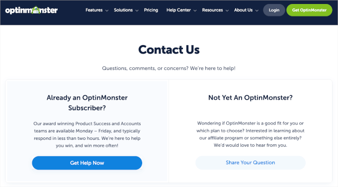OptinMonster's contact page OptinMonster's contact page