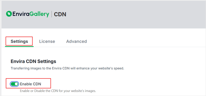 Enable Envira CDN by toggling the switch Enable Envira CDN by toggling the switch