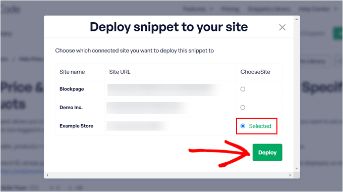 Selecting a website to deploy the WPCode code snippet into Selecting a website to deploy the WPCode code snippet into