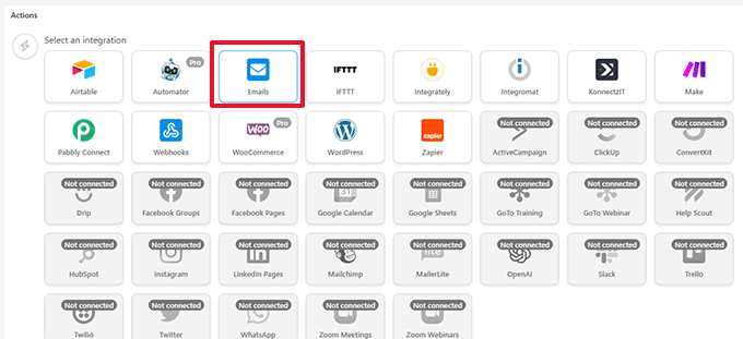 Choose action integration Choose action integration