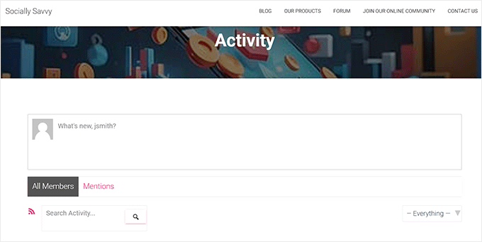 Activity page preview on social media website Activity page preview on social media website