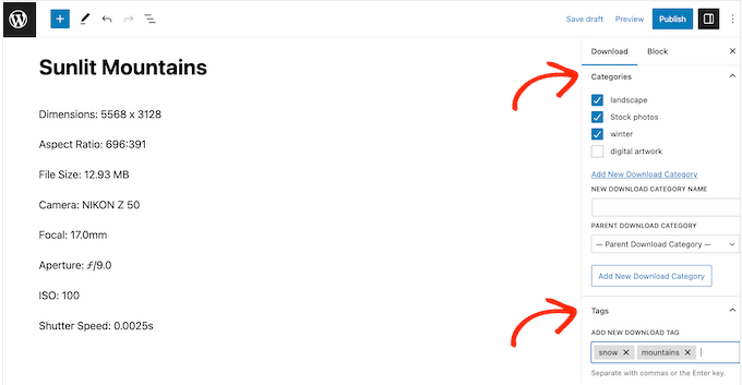 Adding tags and categories to a photography product Adding tags and categories to a photography product