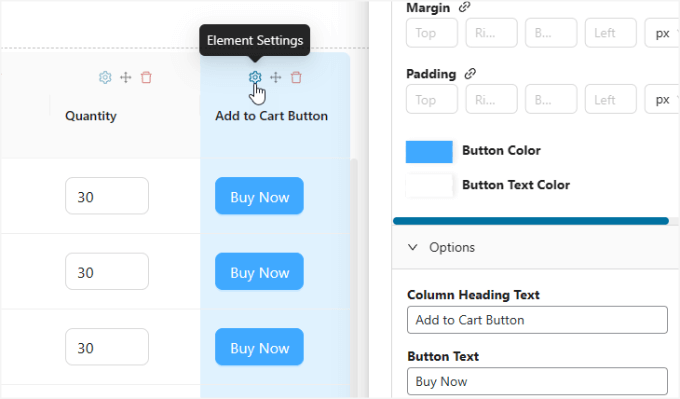 Element settings Element settings