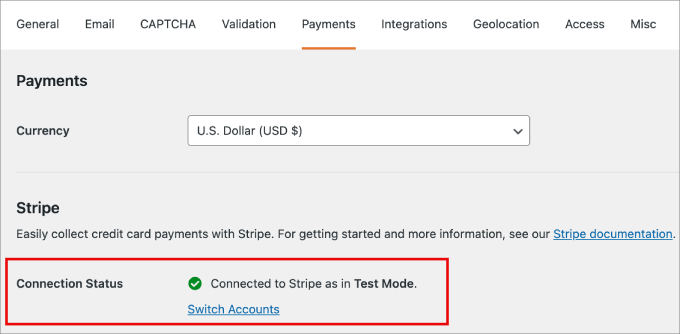 WPForms connection status confirmed WPForms connection status confirmed