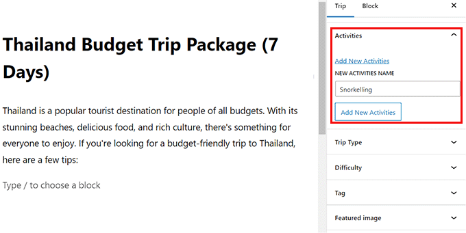 Add trip activities Add trip activities