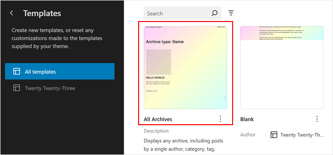 Editing a template in FSE Editing a template in FSE