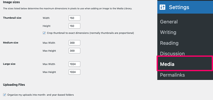 Media settings in WordPress Media settings in WordPress