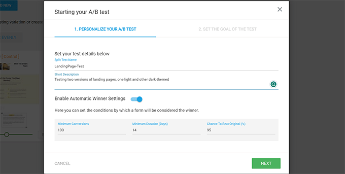 A/B test settings A/B test settings