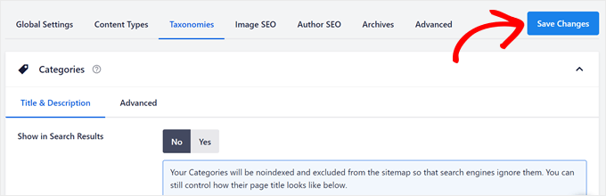 Saving changes for the taxonomies search appearance settings in AIOSEO Saving changes for the taxonomies search appearance settings in AIOSEO
