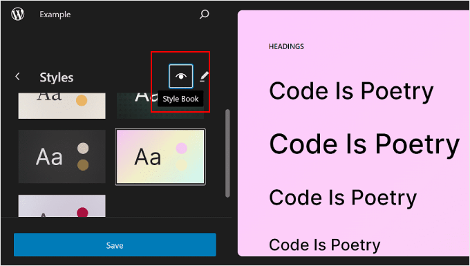 Choosing the Style Book feature in WordPress Full Site Editor Choosing the Style Book feature in WordPress Full Site Editor