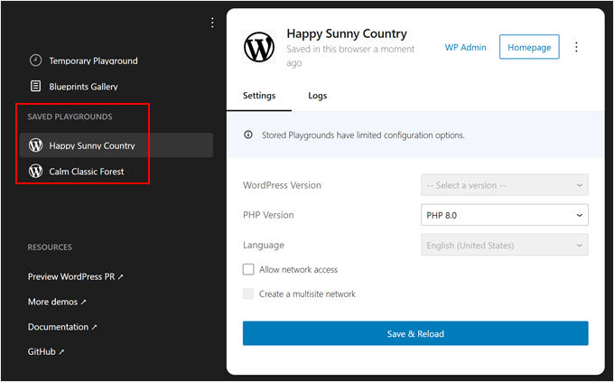 Viewing saved WordPress Playground instances Viewing saved WordPress Playground instances