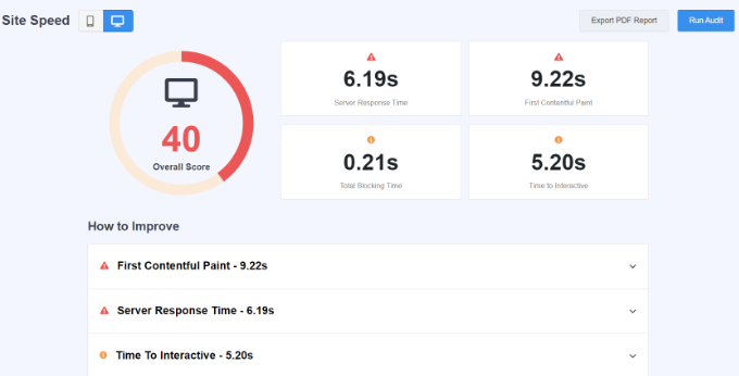 Site speed report Site speed report
