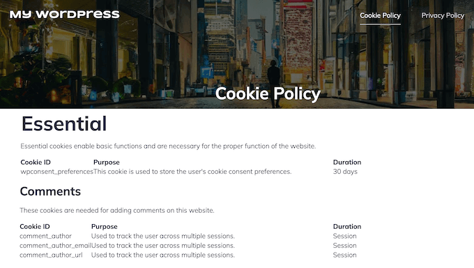 An example of a cookie policy on a WordPress website 