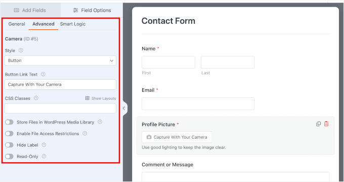 The Camera field's Advanced settings