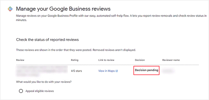 View reported Google reviews status