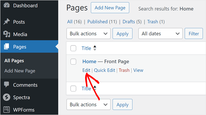 Clicking the Edit button to edit an existing WordPress page Clicking the Edit button to edit an existing WordPress page