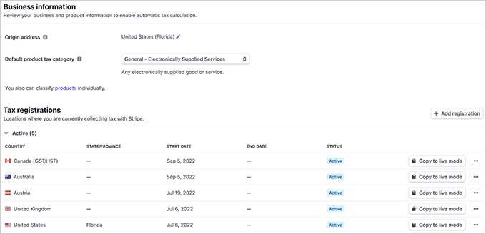 Activate the tax settings in the Stripe dashboard Activate the tax settings in the Stripe dashboard