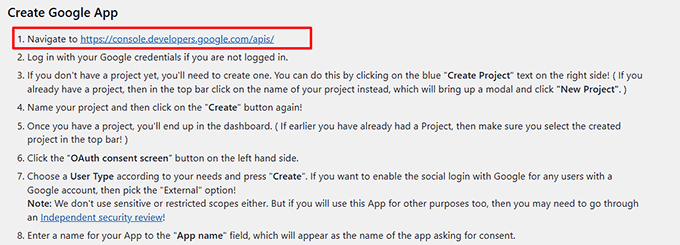 Click the Google Console link