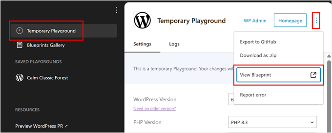 Viewing a WordPress Playground instance as a blueprint Viewing a WordPress Playground instance as a blueprint