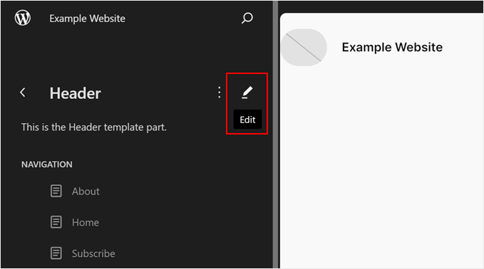 Clicking the pencil button to edit the header using the Full Site Editor Clicking the pencil button to edit the header using the Full Site Editor