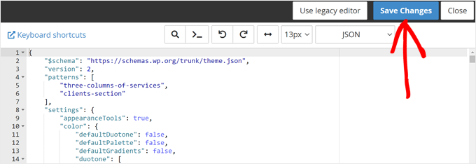 Saving changes in the theme.json file in the Bluehost file manager Saving changes in the theme.json file in the Bluehost file manager