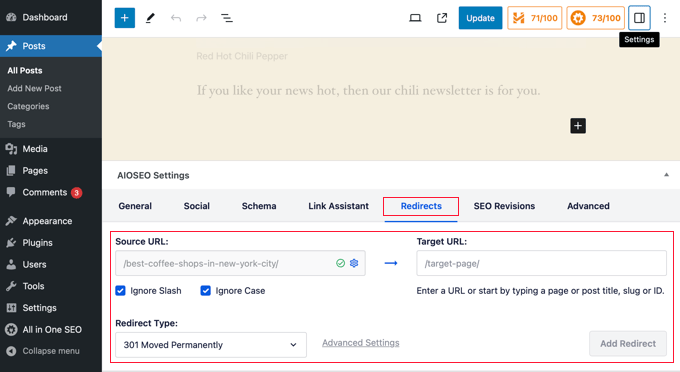 Redirecting a Post or Page From the Content Editor Using AIOSEO Redirecting a Post or Page From the Content Editor Using AIOSEO