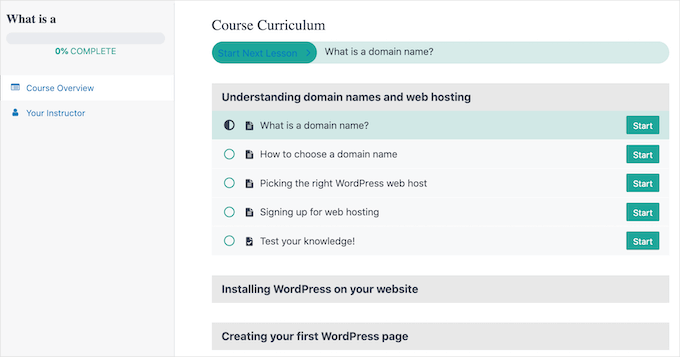 A course curriculum created using the MemberPress LMS A course curriculum created using the MemberPress LMS