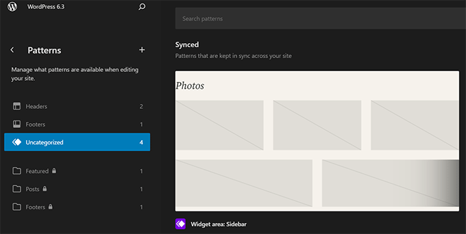 Patterns library in site editor Patterns library in site editor