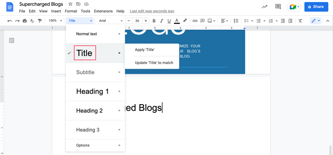 Selecting the Title Style in Google Docs Selecting the Title Style in Google Docs