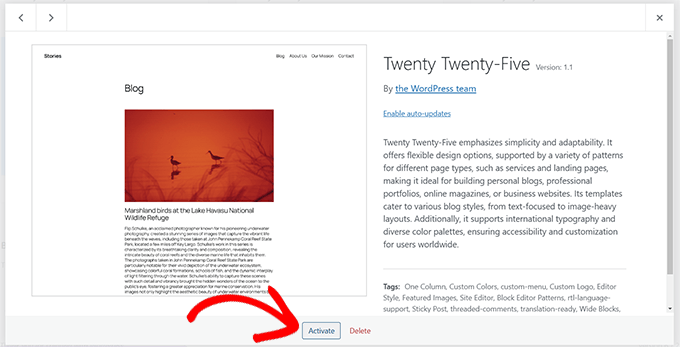 Activate default theme Activate default theme