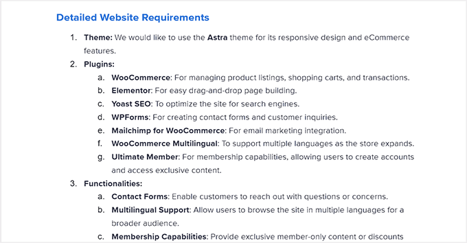 Add detailed website requirements Add detailed website requirements