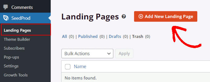 Add new landing page button Add new landing page button