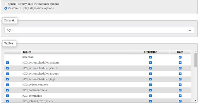 Select and exclude tables Select and exclude tables