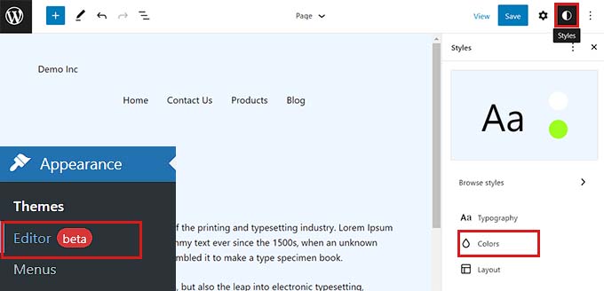 Go to the Colors panel from the full site editor Go to the Colors panel from the full site editor