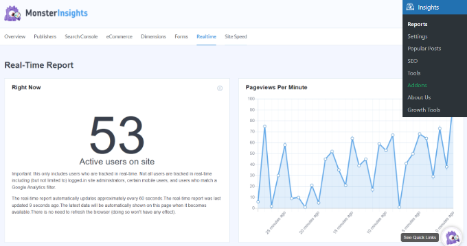 Viewing real-time stats in MonsterInsights Viewing real-time stats in MonsterInsights