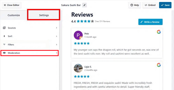Choose Moderation in Smash Balloon settings tab