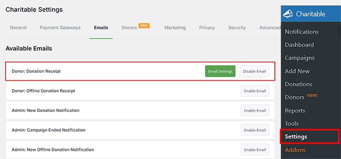 Click Email Settings button in Charitable Click Email Settings button in Charitable