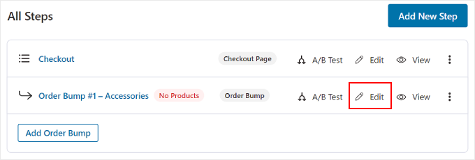 Clicking the Edit button on an order bump in FunnelKit Clicking the Edit button on an order bump in FunnelKit