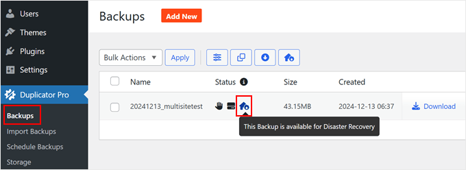 Assigning a Duplicator backup as a disaster recovery point Assigning a Duplicator backup as a disaster recovery point