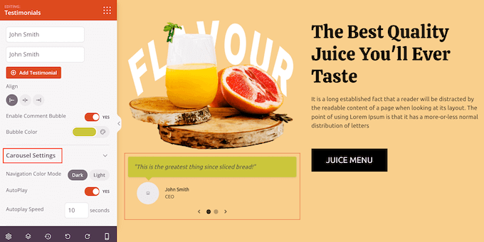Configuring the rotating testimonials carousel Configuring the rotating testimonials carousel