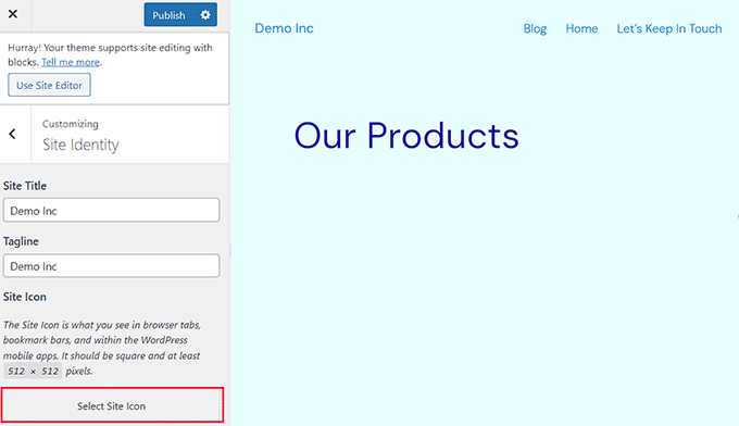 Click Site Icon button Click Site Icon button