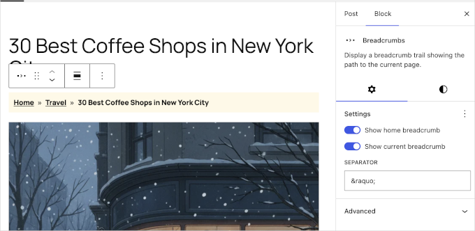 Breadcrumbs block in WordPress 7.0 Breadcrumbs block in WordPress 7.0