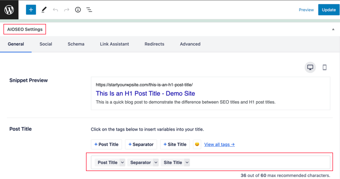 Adding an SEO Title Using All in One SEO All in One SEO's Default SEO Title