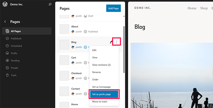 Easily set posts page in site editor Easily set posts page in site editor