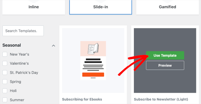 optinmonster-campaignstype-slidein-template Subscribe to Newsletter template with Use Template highlighted