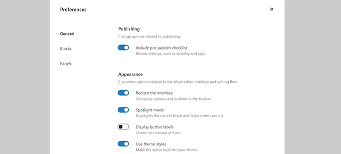 Block editor general preferences Block editor general preferences