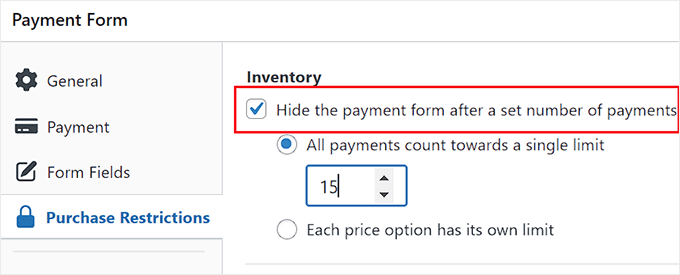 Configure the purchase restrictions to prevent overselling with your payment form Configure the purchase restrictions to prevent overselling with your payment form