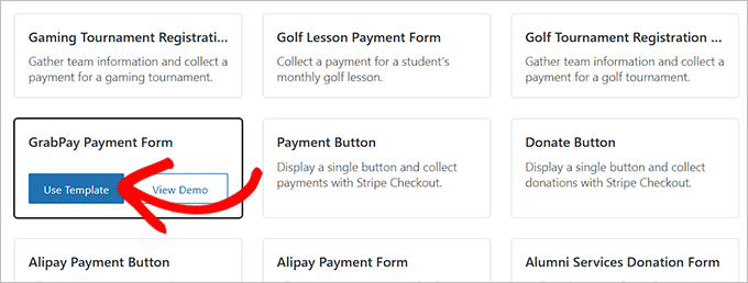 Choose the GrabPay payment form template Choose the GrabPay payment form template