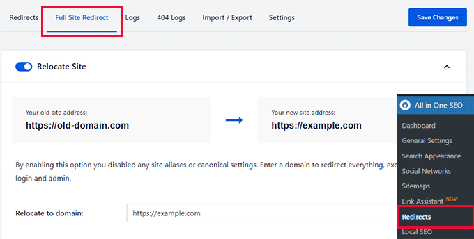 Full site redirect in All in One SEO Full site redirect in All in One SEO