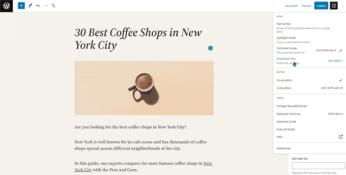 distractionfreemode Distraction free mode in WordPress 6.2